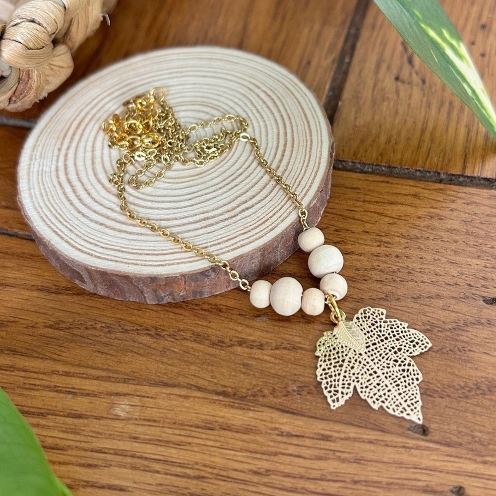 Handcrafted Golden Maple Leaf & Wooden Bead Pendant Necklace Nature Fall Season